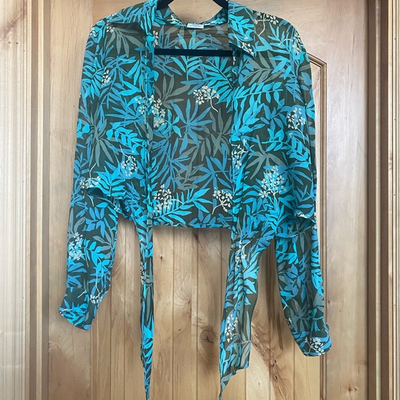 Vintage Womens Sz 12 Silk Tropical Floral Long Sleeve Crop Tie Front Top 70s - Picture 7 of 8